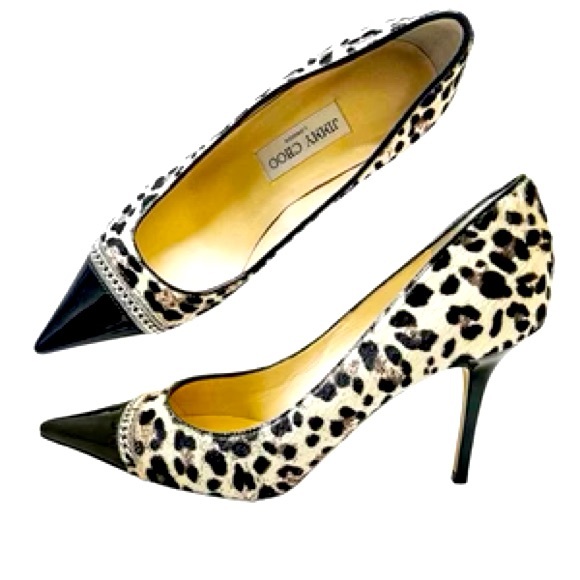 SOLD !!!! Jimmy Choo Leopard Print Pony Hair Chain Pumps Heels size 38 - Picture 1 of 12